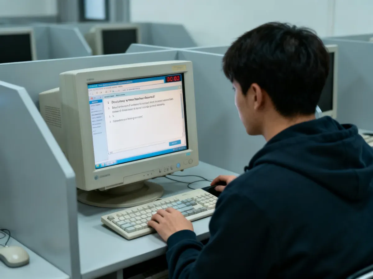 Kandydat rozwiązujący test teoretyczny na prawo jazdy przy komputerze