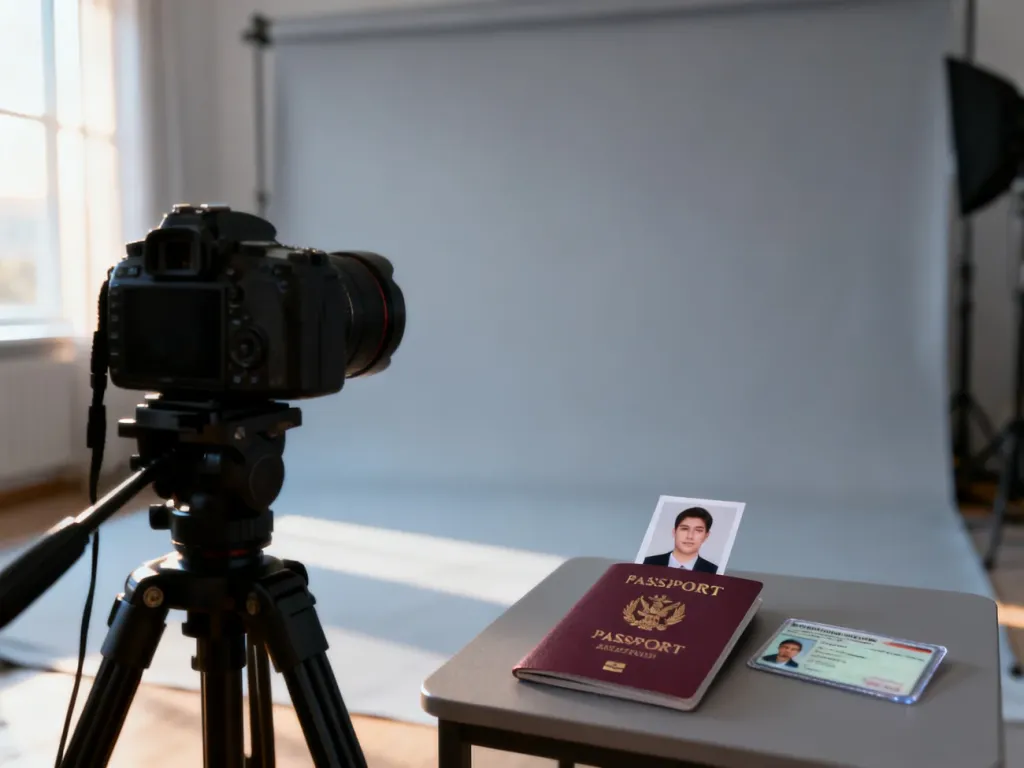 Profesjonalne studio fotograficzne z aparatem oraz leżące obok siebie zdjęcie biometryczne i prawo jazdy.