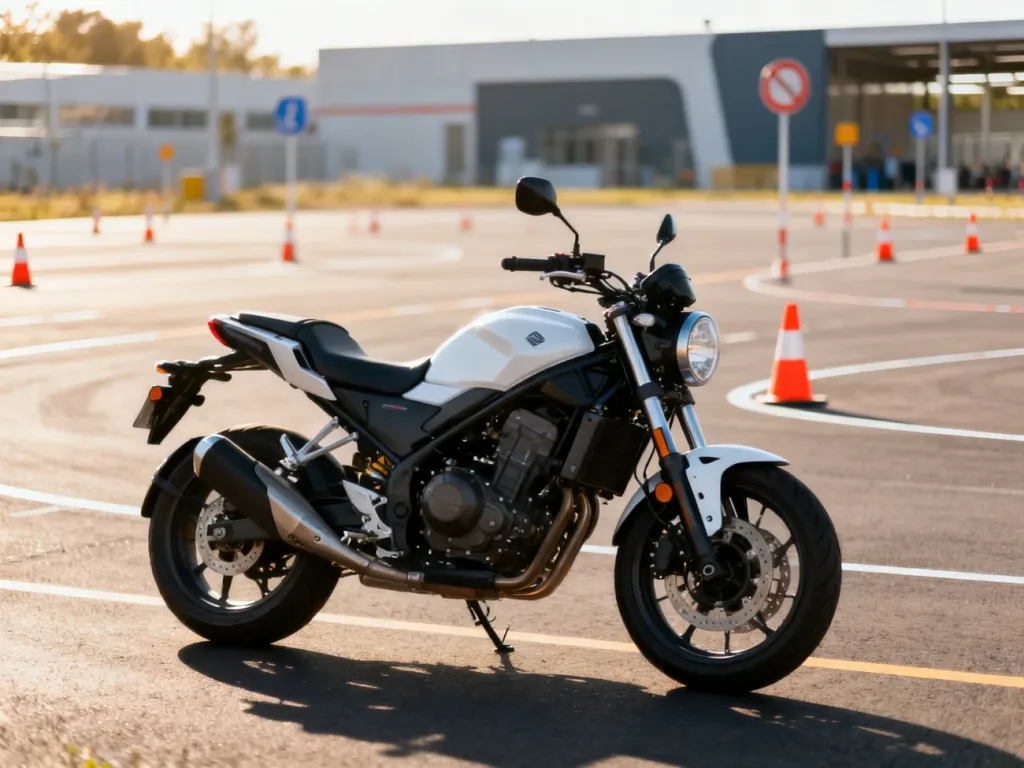 Motocykl szkoleniowy zaparkowany na torze ośrodka nauki jazdy w słoneczny poranek.