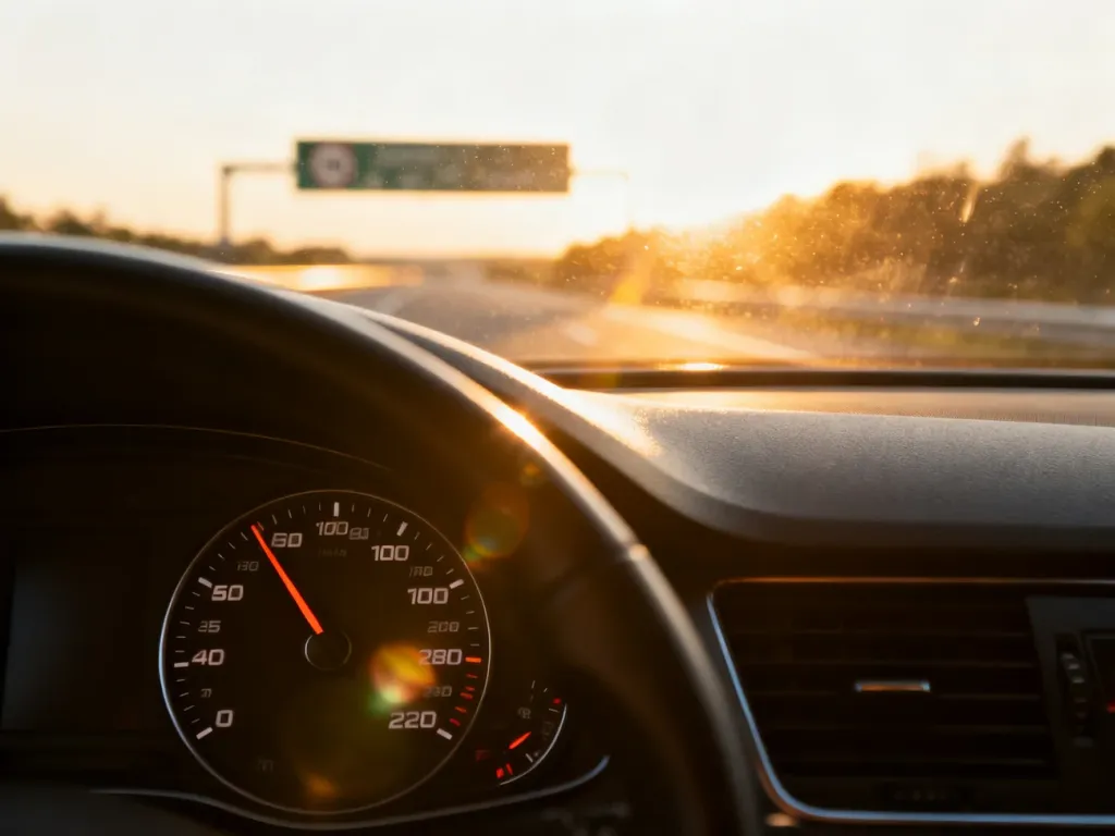 Zbliżenie na prędkościomierz samochodu wskazujący wysoką prędkość na tle autostrady, ilustrujące ryzyko przekroczenia limitu.