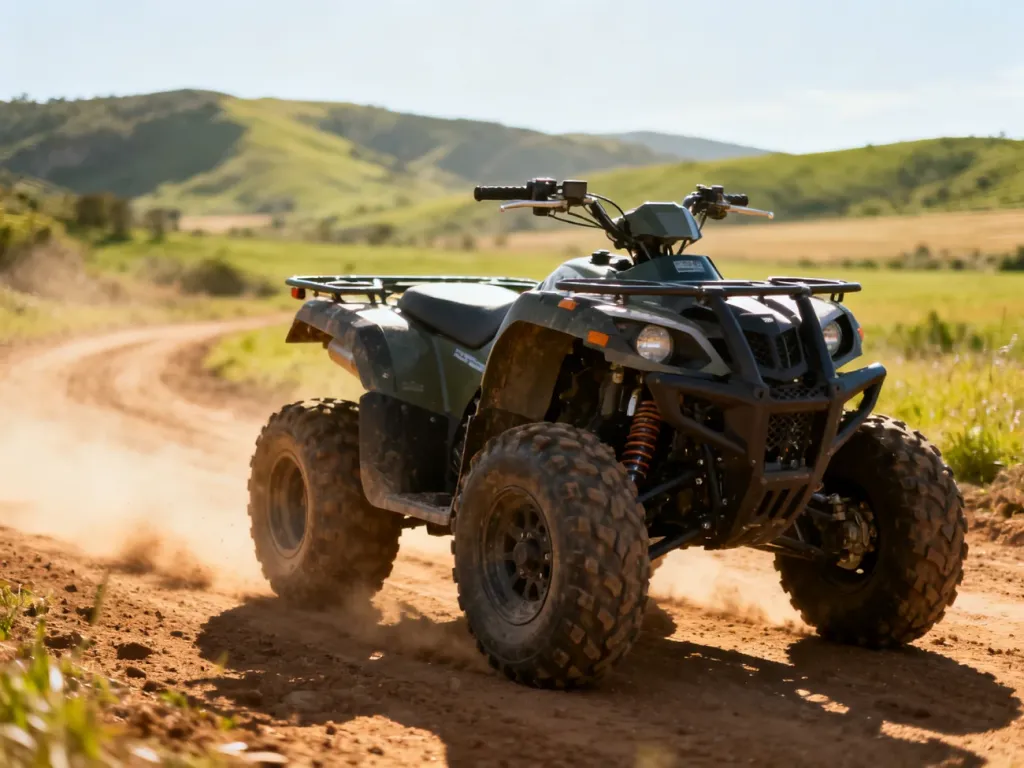 Terenowy quad zaparkowany na piaszczystej ścieżce w otoczeniu zielonych wzgórz.