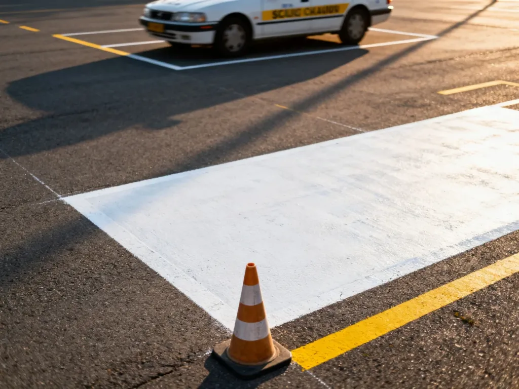 Widok z góry na wyznaczone miejsce parkingowe z pachołkiem, przygotowane do ćwiczenia manewrów na egzaminie na prawo jazdy.
