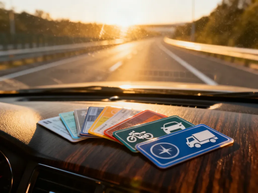Różne rodzaje plastikowych kart prawa jazdy ułożone na desce rozdzielczej samochodu z widokiem na słoneczną autostradę.