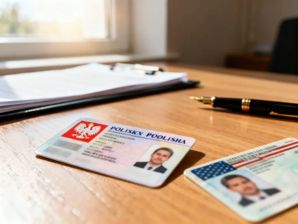 Polskie prawo jazdy leżące na biurku obok amerykańskiego dokumentu, symbolizujące proces wymiany uprawnień.