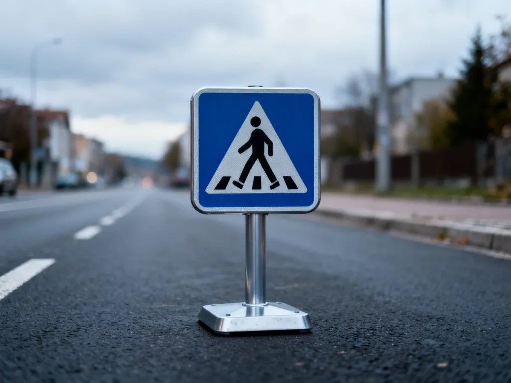 Znak drogowy informujący o przejściu dla pieszych przy miejskiej ulicy.