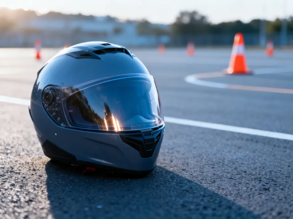Profesjonalny kask motocyklowy na tle placu manewrowego szkoły nauki jazdy z pachołkami.