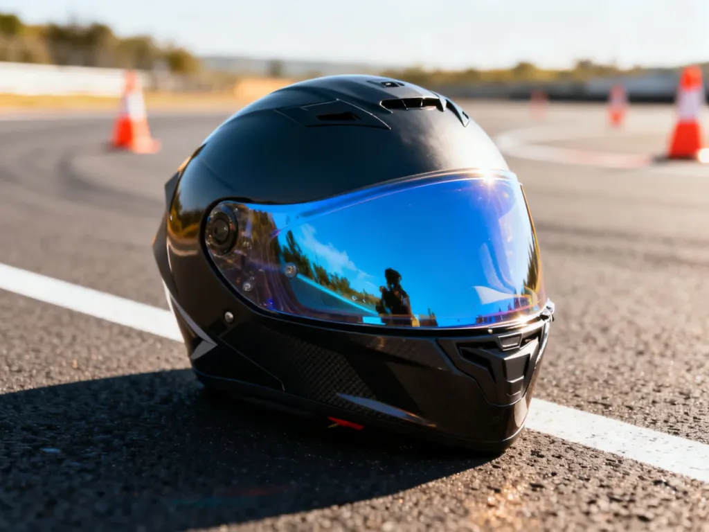 Profesjonalny kask motocyklowy na torze egzaminacyjnym w słoneczny dzień, symbolizujący przygotowanie do egzaminu na kategorię A.