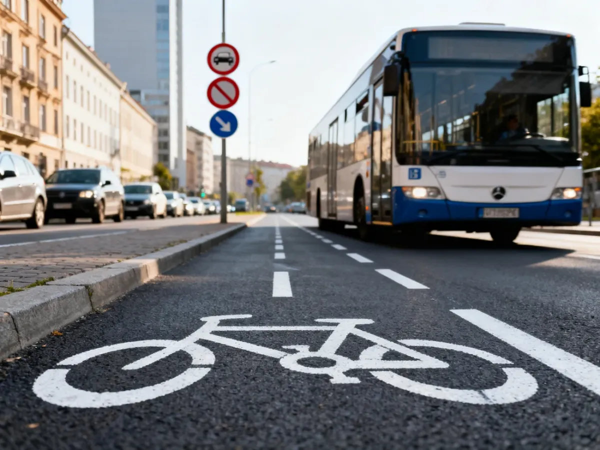 Miejski autobus poruszający się oznakowanym buspasem obok pozostałych pojazdów