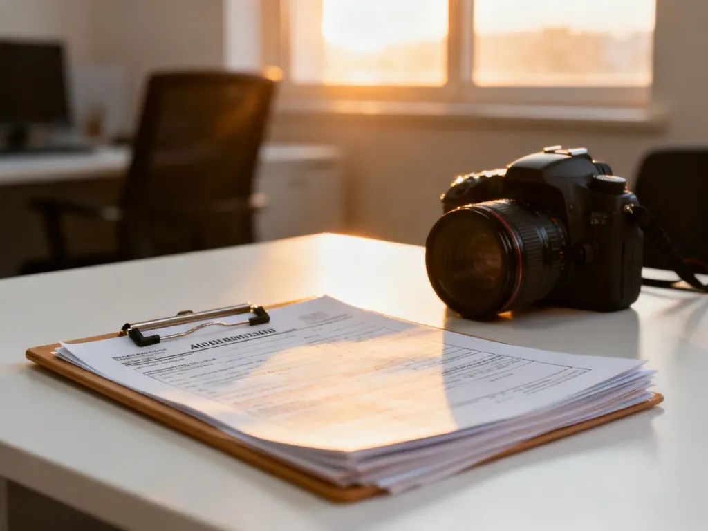 Wzór dokumentu tożsamości na biurku, obok aparatu fotograficznego i formularzy urzędowych.