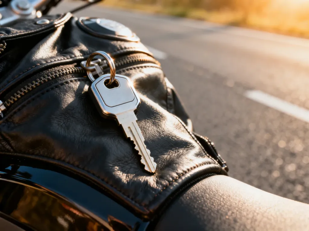 Kluczyk do motocykla leżący na skórzanej kurtce na tle asfaltowej drogi, symbolizujący przygotowanie do jazdy.