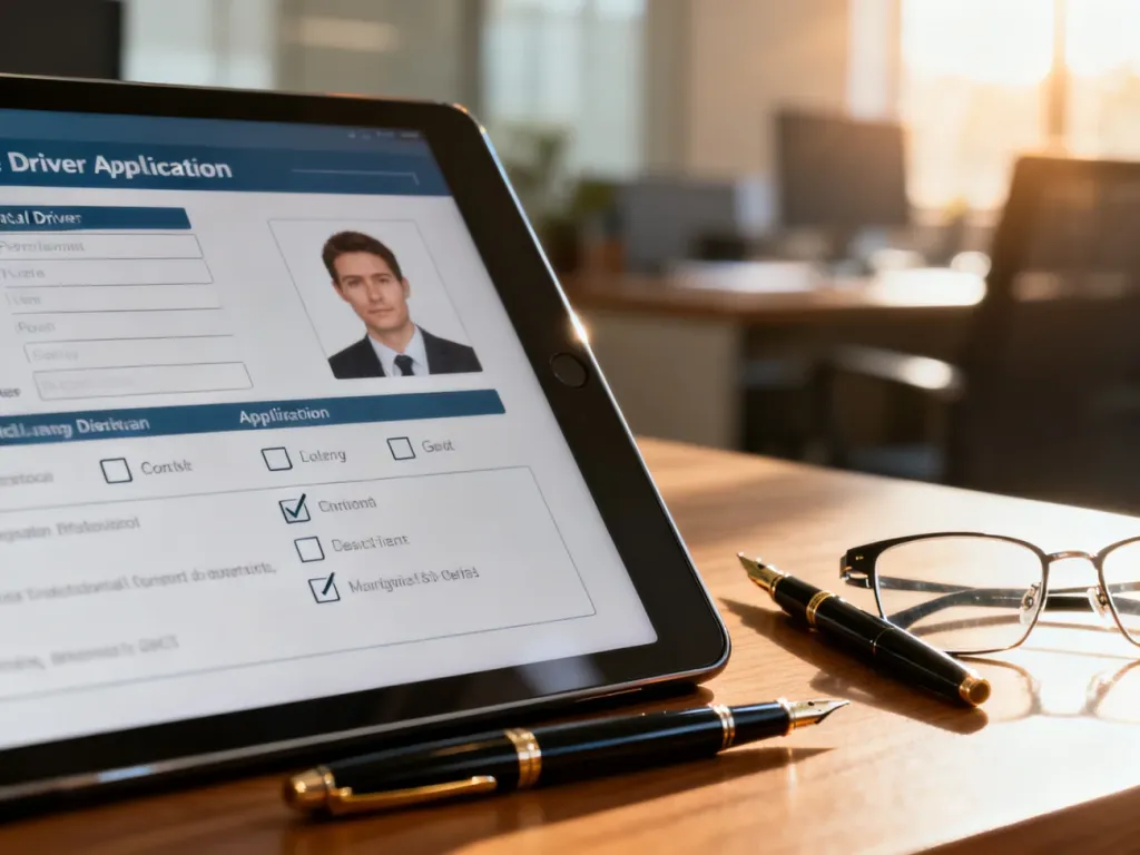 Tablet z wyświetlonym formularzem wniosku o prawo jazdy, piórem i okularami na biurku, symbolizujący proces rejestracji.