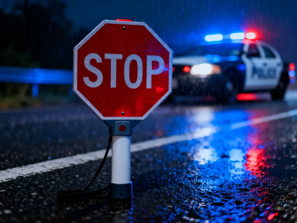 Znak „STOP” trzymany przez policjanta podczas deszczowej kontroli drogowej w nocy.