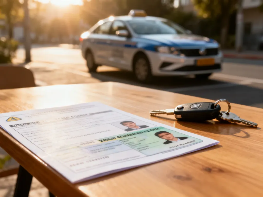 Plastikowe prawo jazdy i kluczyki do samochodu leżące na drewnianym stole, w tle auto nauki jazdy.