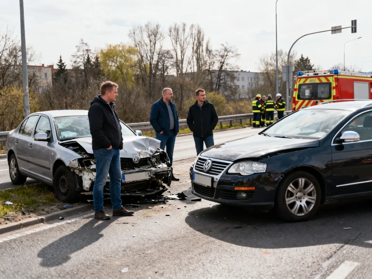 Uczestnicy kolizji drogowej i służby ratunkowe na miejscu zdarzenia