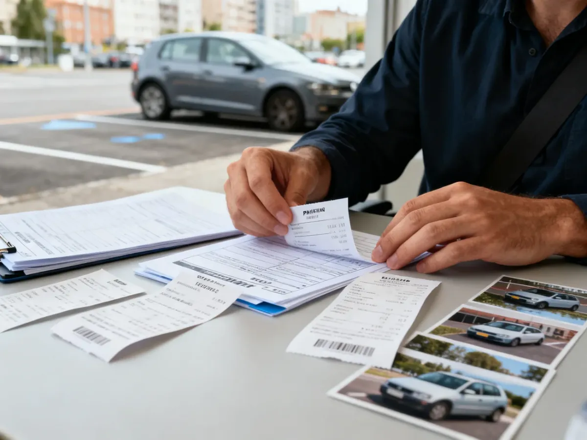 Kierowca przygotowujący dokumenty i dowody do reklamacji opłaty parkingowej