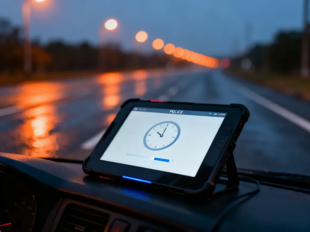 Tablet policyjny z licznikiem czasu, symbolizujący proces wygasania punktów karnych na tle wieczornej drogi.