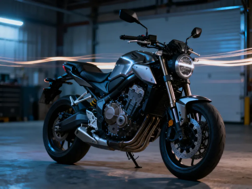 Nowoczesny motocykl średniej klasy w profesjonalnym oświetleniu studyjnym, prezentujący design pojazdu kategorii A2.