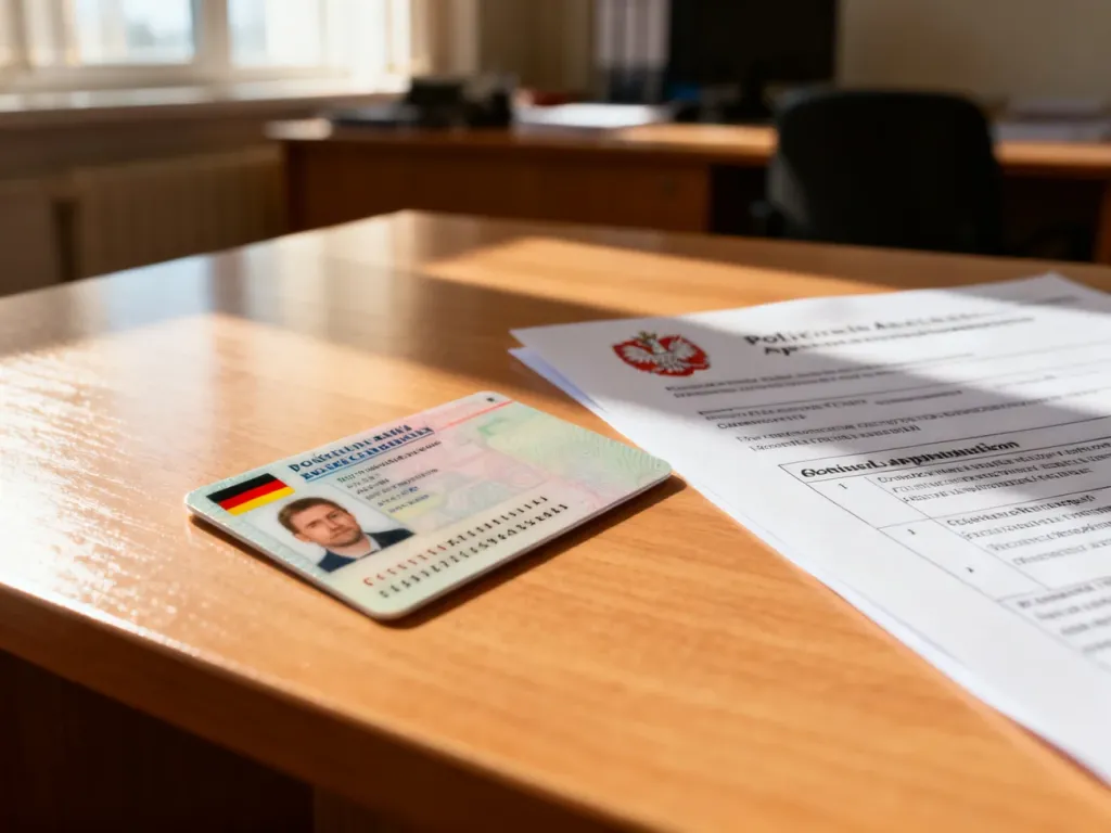 Niemieckie prawo jazdy leżące obok polskiego formularza wniosku o wymianę dokumentu na drewnianym biurku.