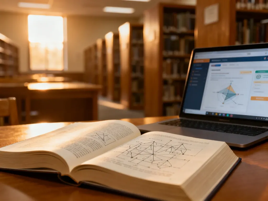 Otwarte podręczniki i laptop z materiałami edukacyjnymi w przytulnej bibliotece, przygotowujące do egzaminu teoretycznego.
