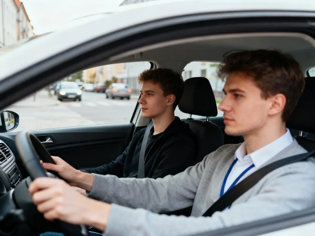 Kursant ćwiczący jazdę samochodem pod nadzorem instruktora