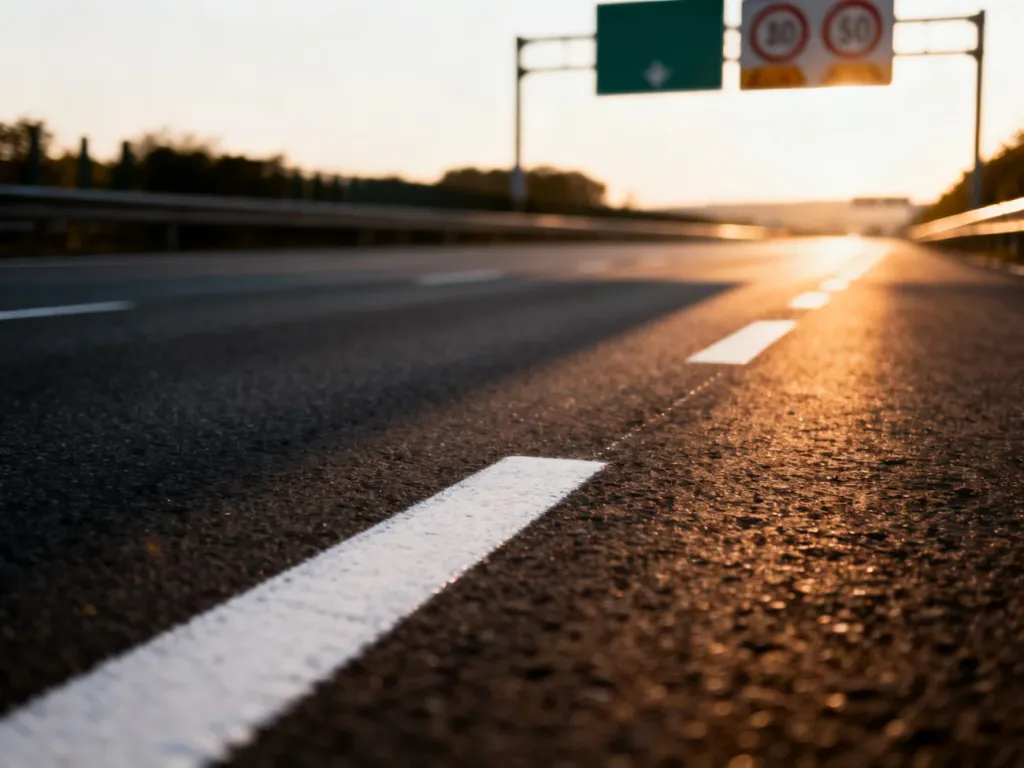 Asfaltowa droga autostradowa z wyraźnym oznakowaniem poziomym w słoneczne popołudnie.