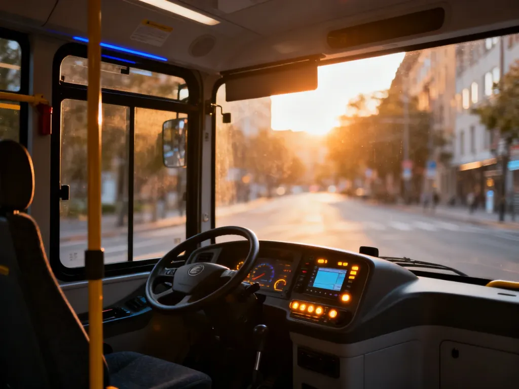 Nowoczesne wnętrze miejskiego autobusu z widokiem na słoneczną ulicę z perspektywy kierowcy.