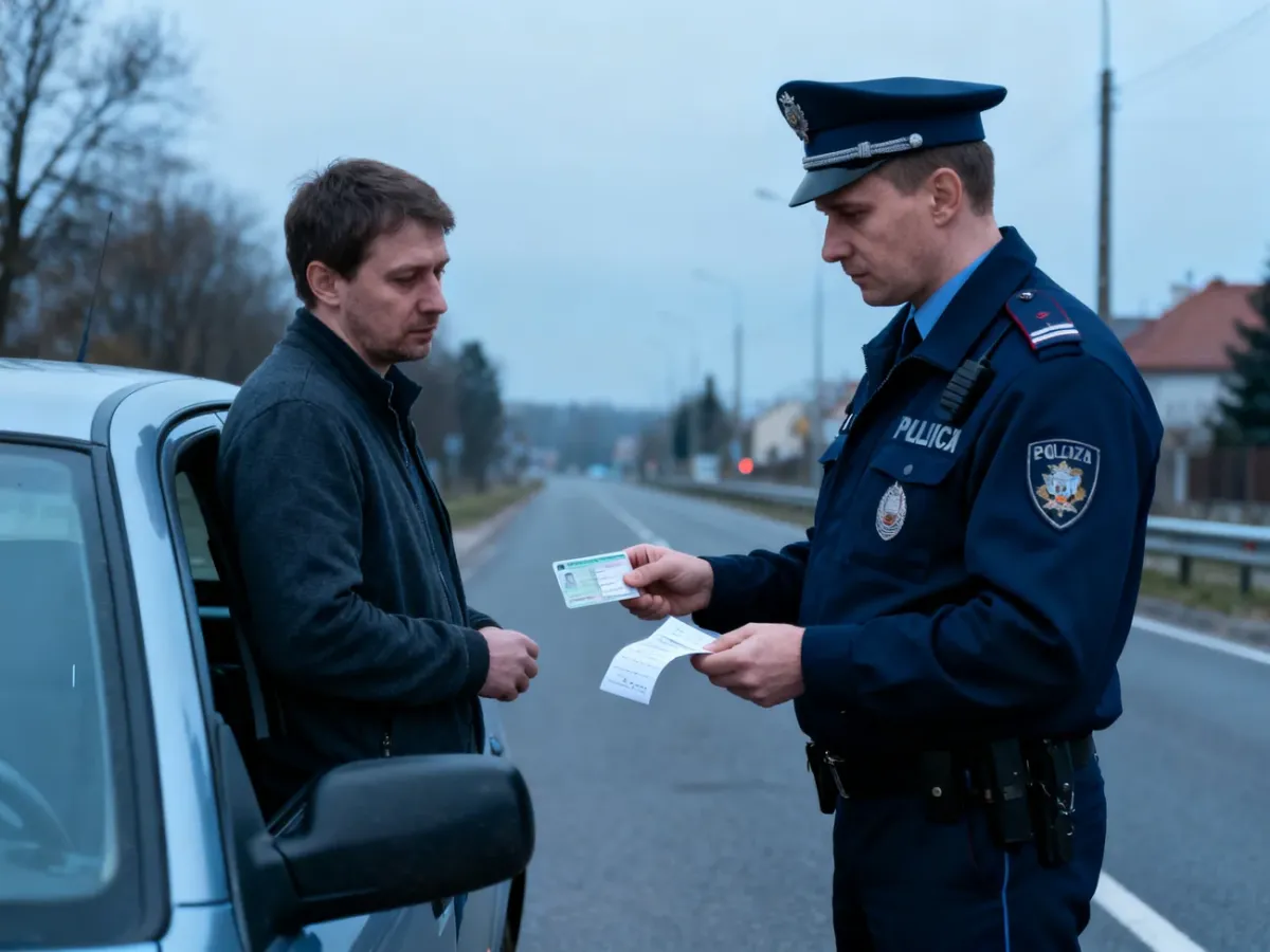Policjant podczas kontroli drogowej zatrzymuje prawo jazdy kierowcy