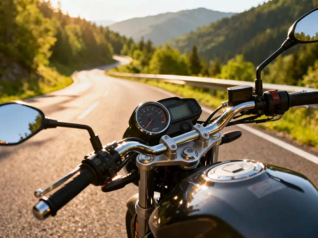 Nowoczesny motocykl zaparkowany na asfaltowej drodze z widokiem na malownicze góry w tle.