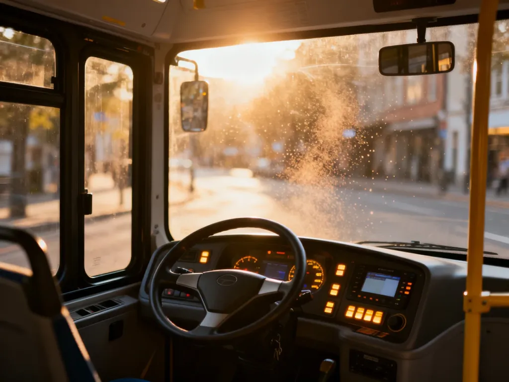 Nowoczesne wnętrze miejskiego autobusu z widokiem na słoneczną ulicę z perspektywy kierowcy.