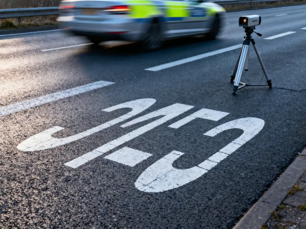 Asfaltowa droga z namalowanym ograniczeniem prędkości oraz rozmyty fotoradar w tle, symbolizujący kontrolę drogową.