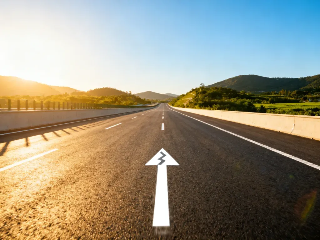 Pusta, nowoczesna autostrada w świetle zachodzącego słońca, ilustrująca temat egzaminu na prawo jazdy.