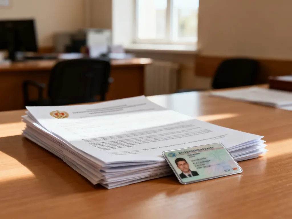 Plastikowe prawo jazdy leżące na stosie dokumentów urzędowych na drewnianym biurku w biurze.