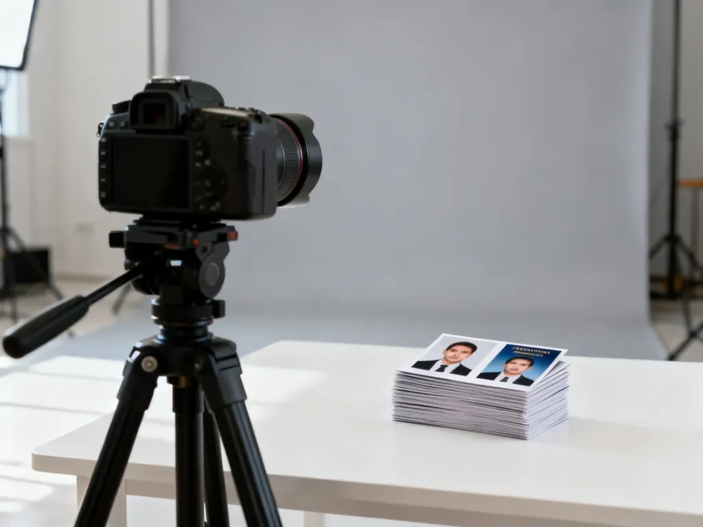 Profesjonalne zdjęcia biometryczne leżące na stole obok aparatu w studiu fotograficznym.