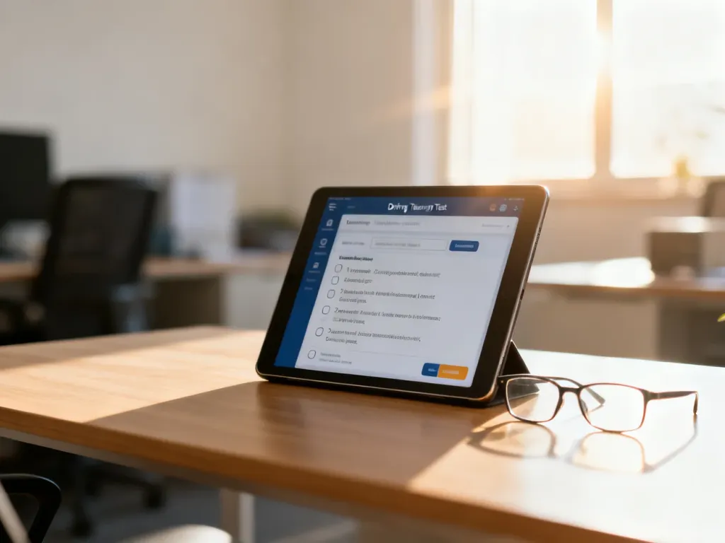 Tablet z wyświetlonym interfejsem egzaminu teoretycznego na prawo jazdy, leżący na biurku obok okularów.