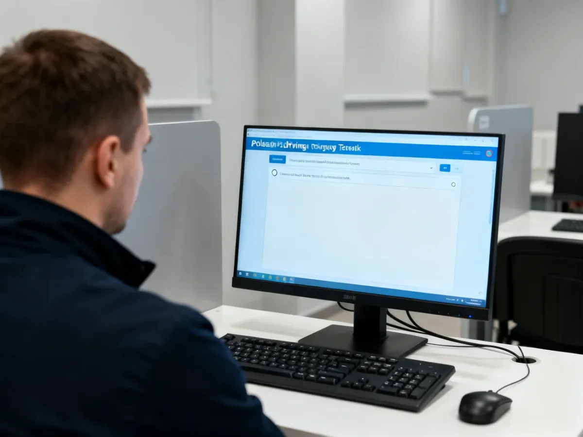Kandydat rozwiązujący test teoretyczny na komputerze w sali egzaminacyjnej