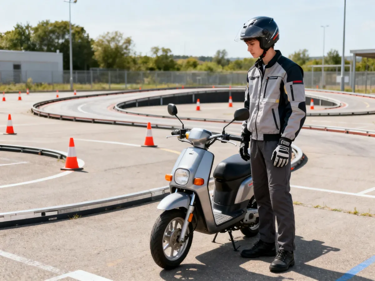Kandydat na prawo jazdy AM w stroju ochronnym obok motoroweru na placu egzaminacyjnym