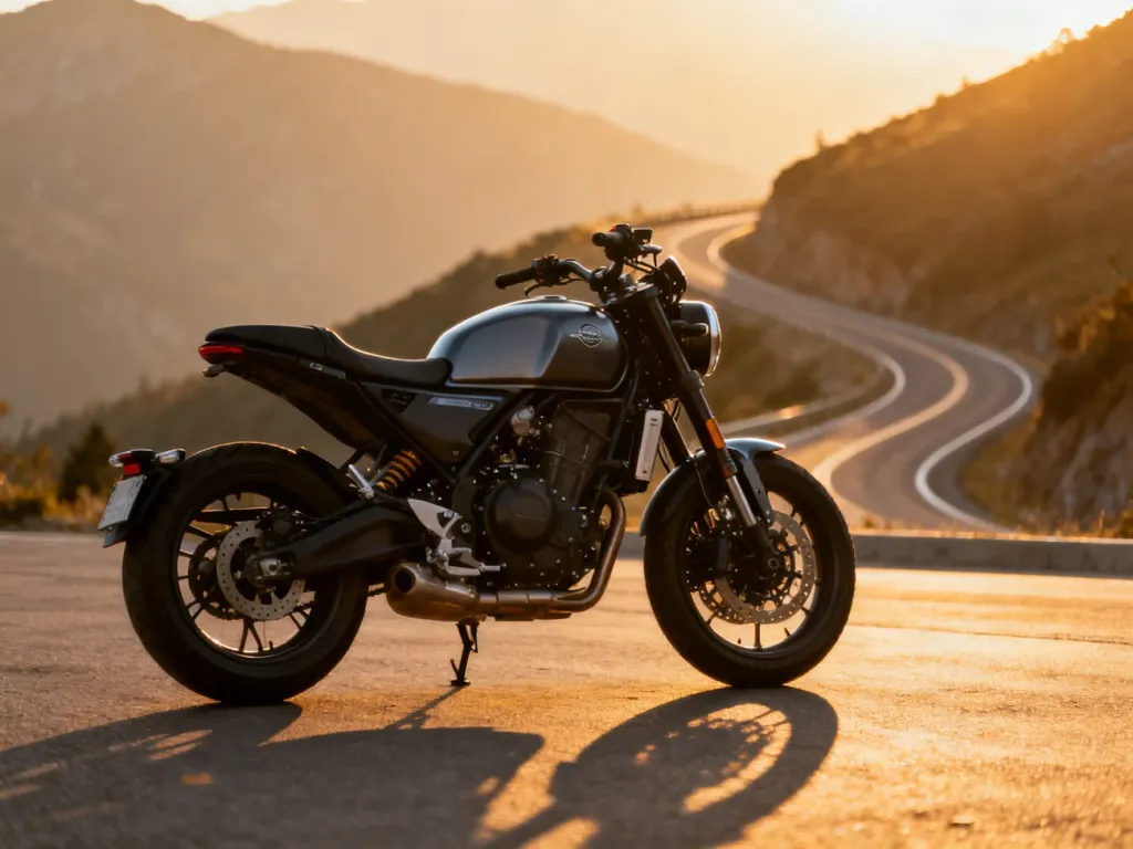 Nowoczesny motocykl średniej klasy zaparkowany na tle krętej górskiej drogi, symbolizujący możliwości kategorii A2.