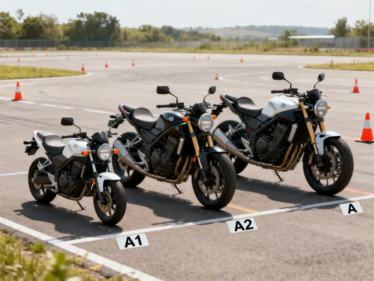 Trzy motocykle o różnej mocy ustawione na placu szkoleniowym