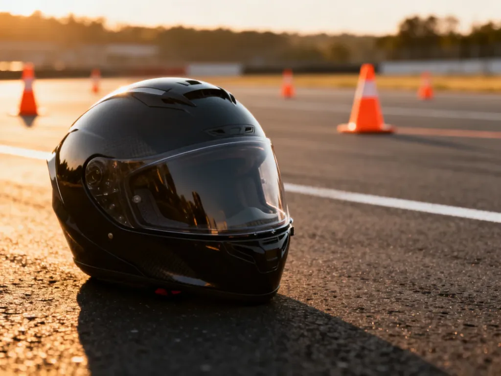 Kask motocyklowy na asfalcie toru szkoleniowego z widocznymi w tle pachołkami do nauki jazdy.