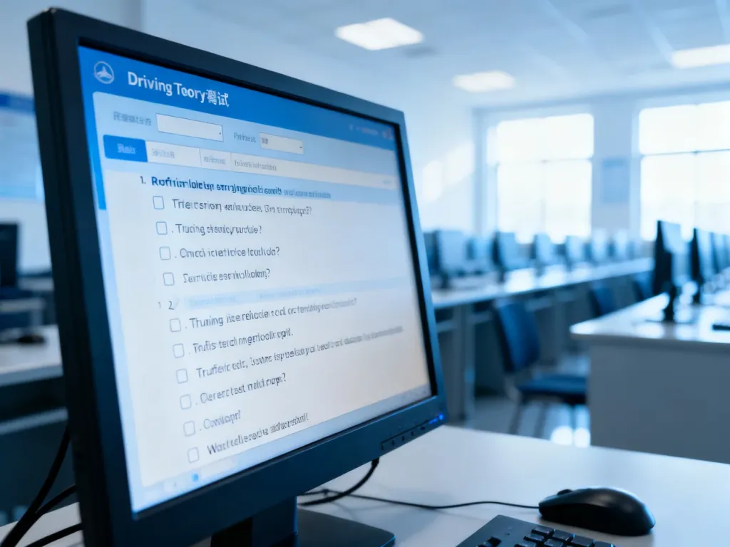 Monitor komputera z pytaniami egzaminacyjnymi w sali testowej, przygotowujący do egzaminu teoretycznego na prawo jazdy.