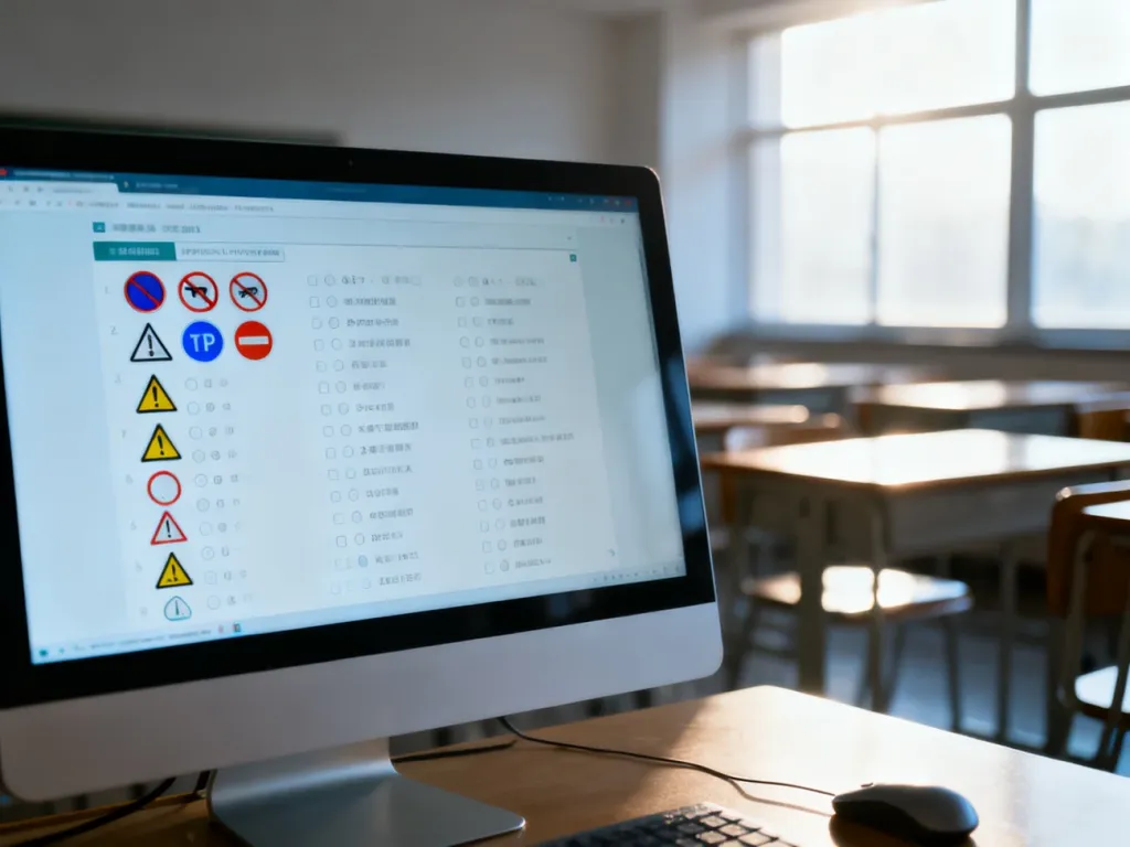 Nowoczesna sala egzaminacyjna z monitorem wyświetlającym test teoretyczny na prawo jazdy.