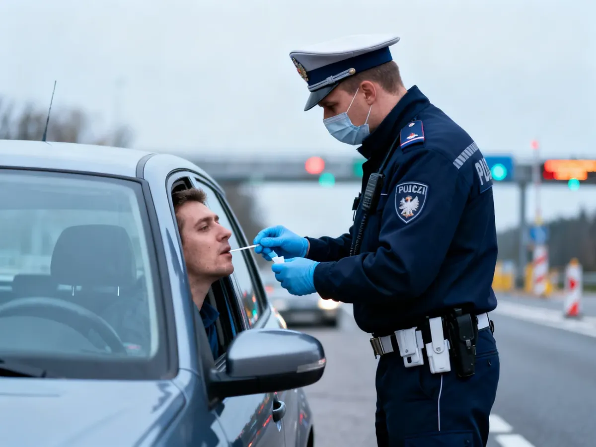 Policjant wykonujący kierowcy wstępny test śliny podczas kontroli drogowej
