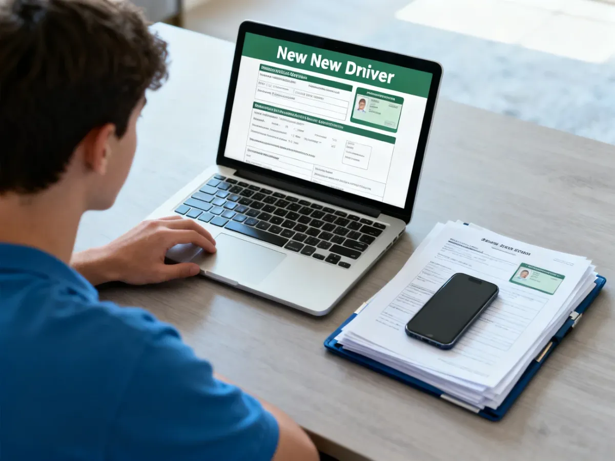 Nowy kierowca sprawdzający status wydania prawa jazdy na laptopie