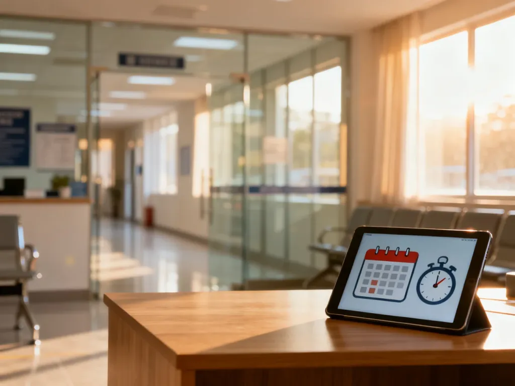 Nowoczesna poczekalnia w ośrodku egzaminacyjnym z tabletem symbolizującym zarządzanie czasem przed egzaminem na prawo jazdy.