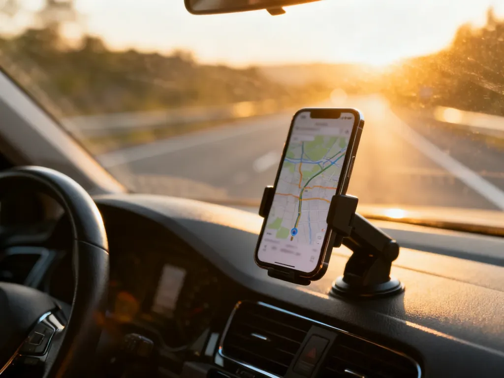 Smartfon zamontowany na desce rozdzielczej samochodu z włączoną nawigacją podczas słonecznej jazdy.