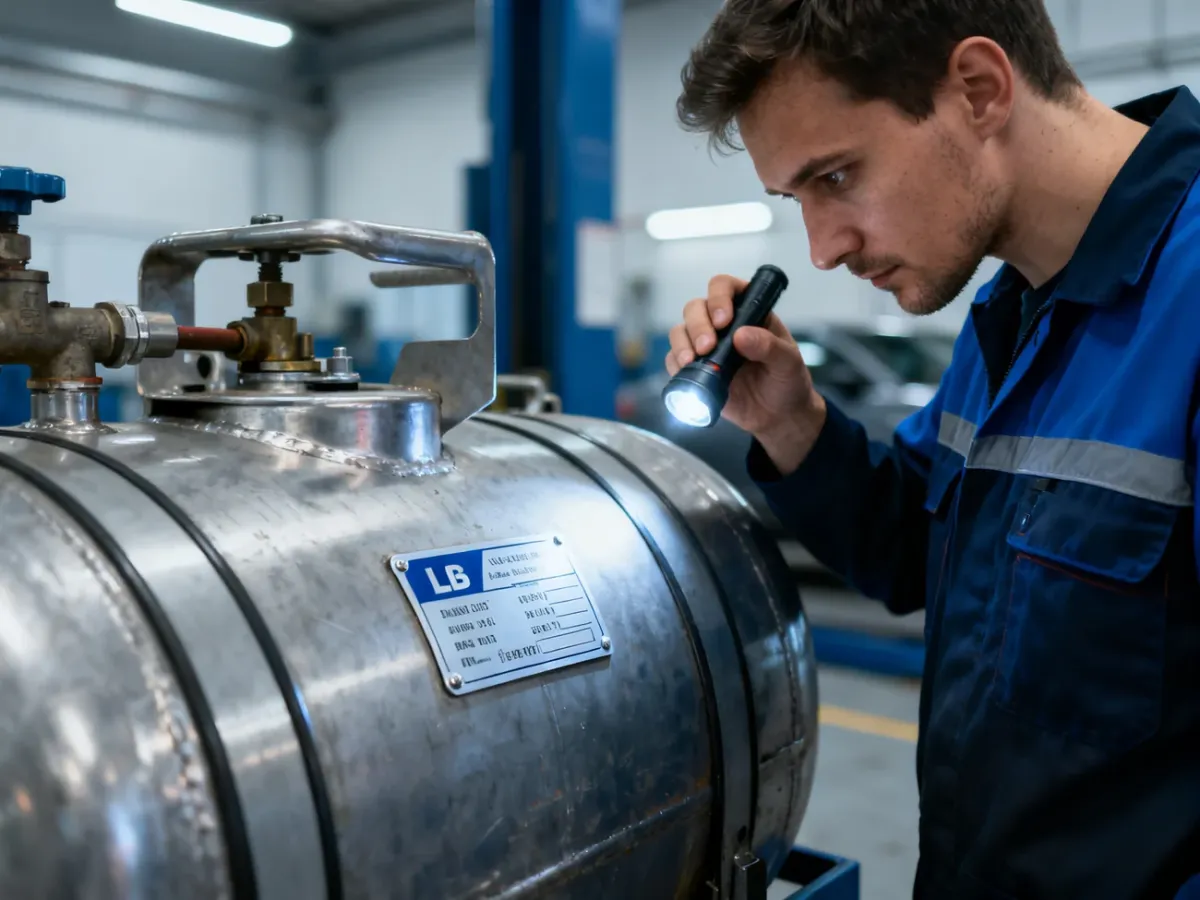 Technik sprawdza stan butli LPG w warsztacie samochodowym
