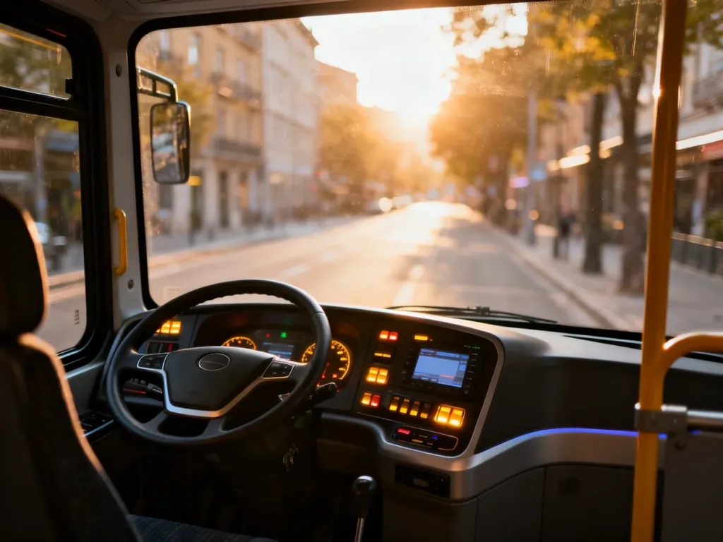 Nowoczesne wnętrze miejskiego autobusu z perspektywy kierowcy, ukazujące stanowisko pracy przed rozpoczęciem trasy.