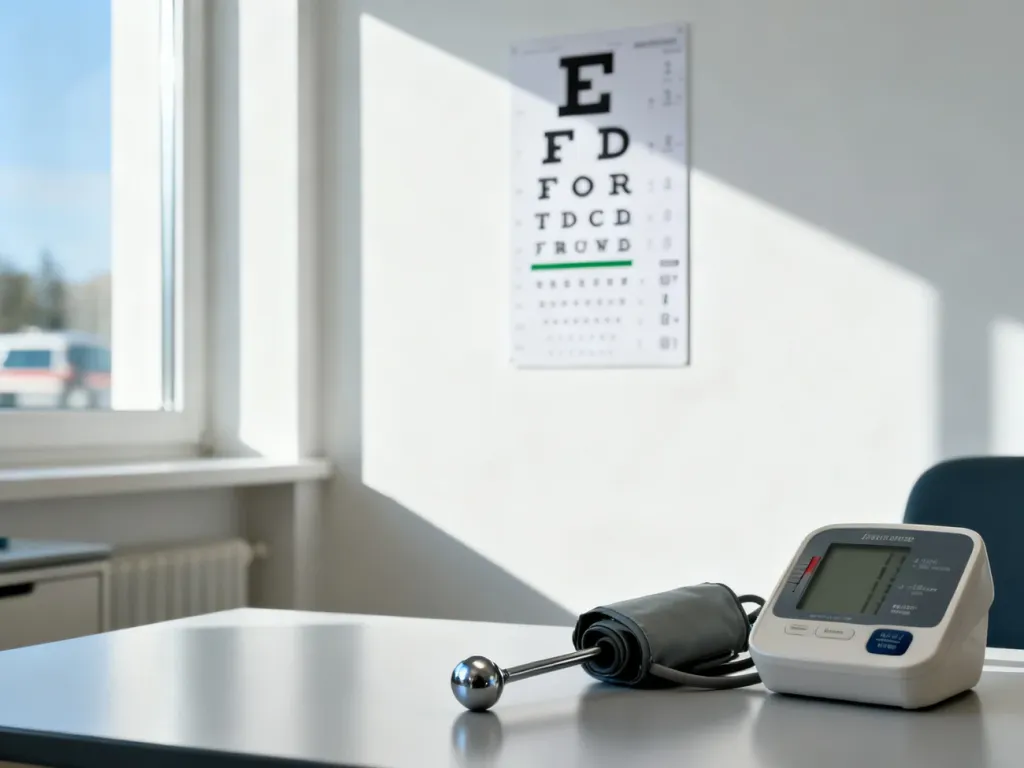 Gabinet lekarski z tablicą do badania wzroku i sprzętem diagnostycznym, przygotowany do badań kierowców kategorii C.