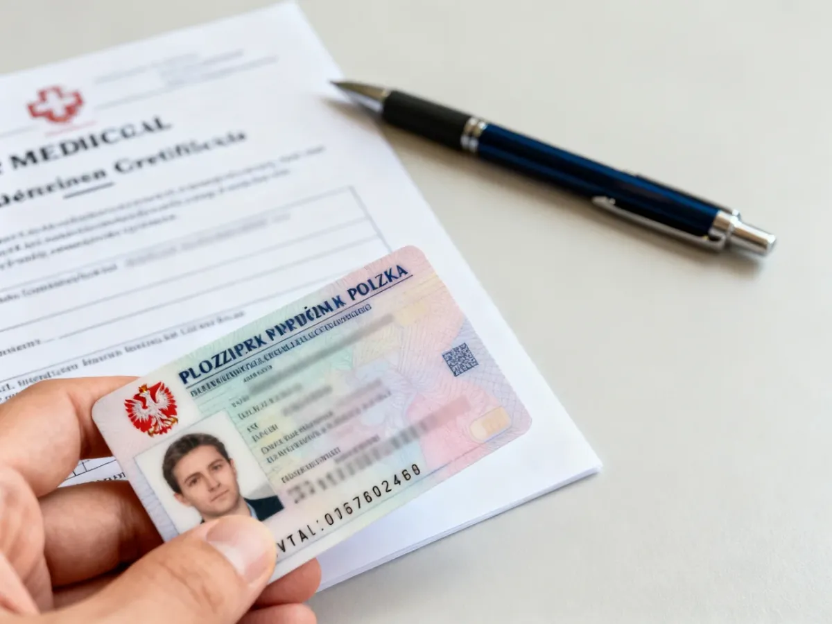 Prawo jazdy obok orzeczenia lekarskiego i długopisu