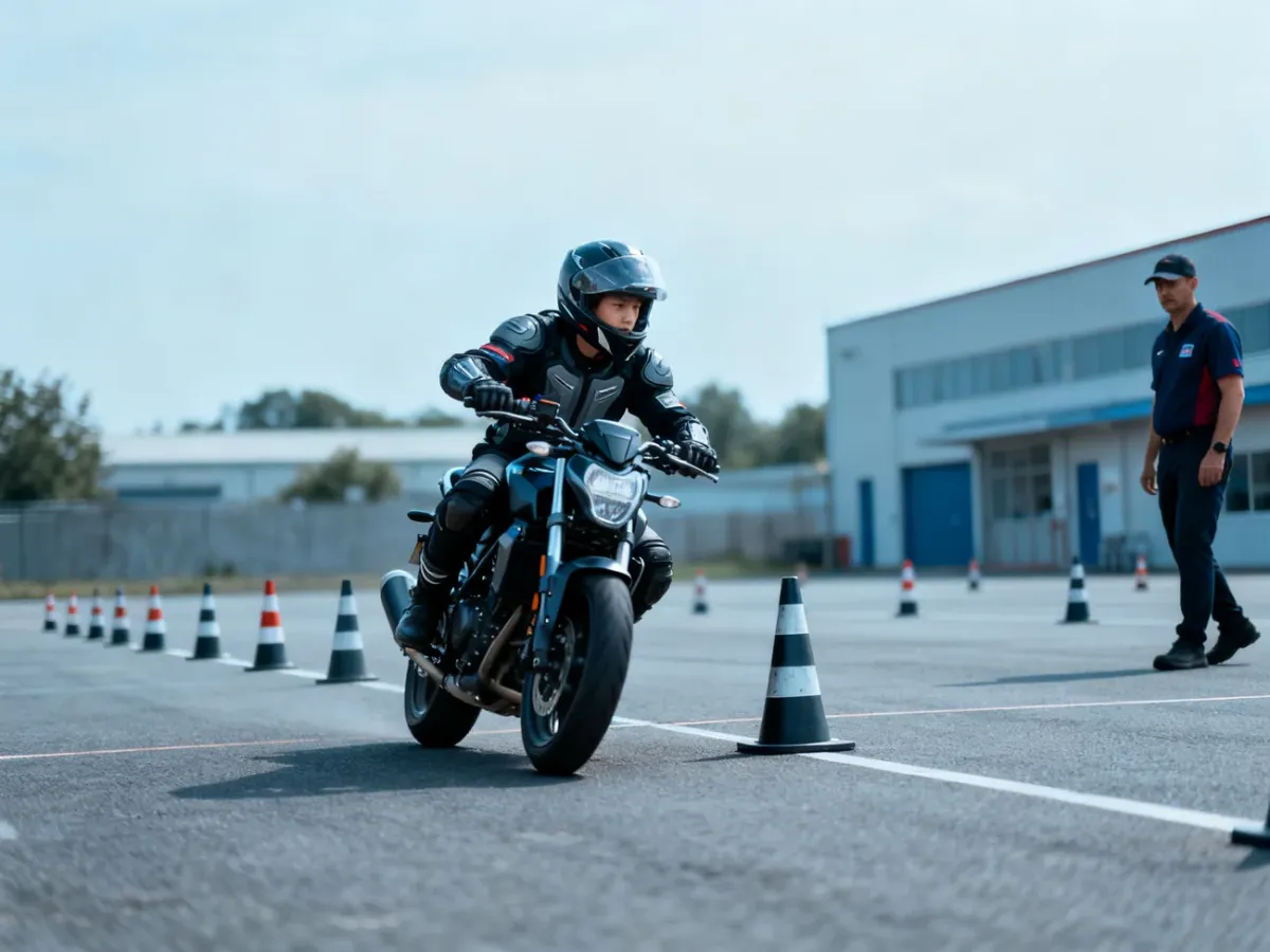 Kandydat na prawo jazdy A2 ćwiczący slalom motocyklem między pachołkami
